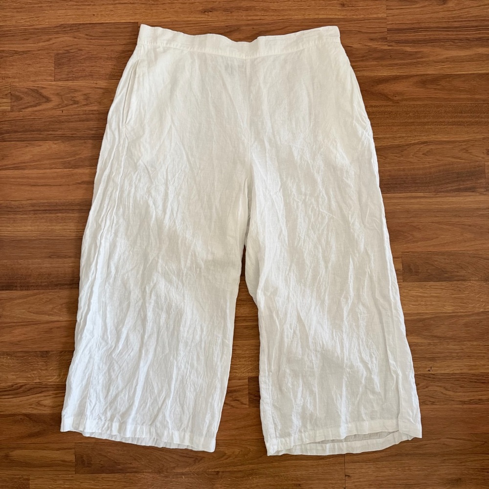 FLAX Women L Linen Pant Wide Leg Pull On cropped White Breathable Lightweight
